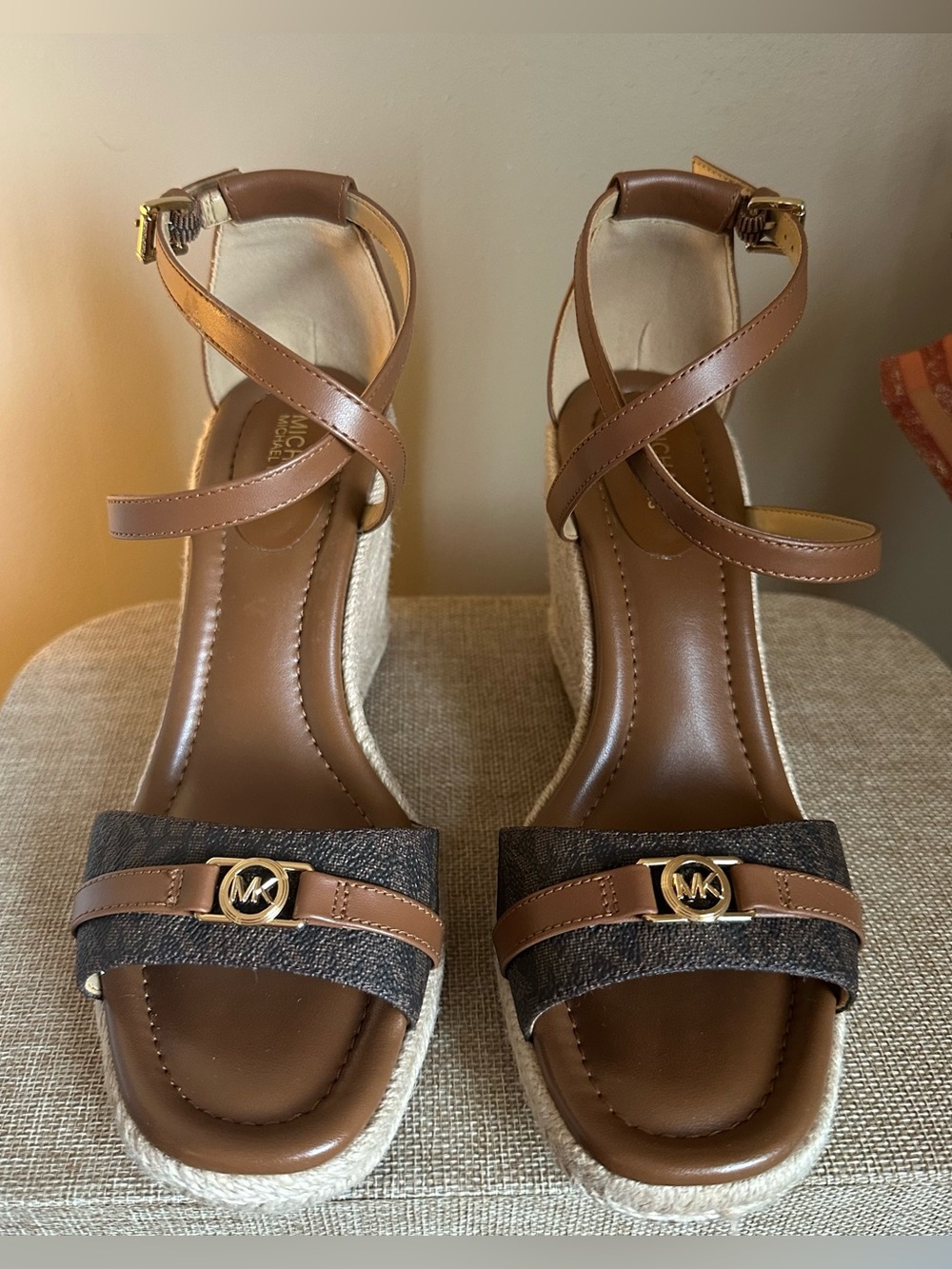 Michael Kors Tan and Dark Brown Mandy Wedge Espadrille Sandals - 6.5